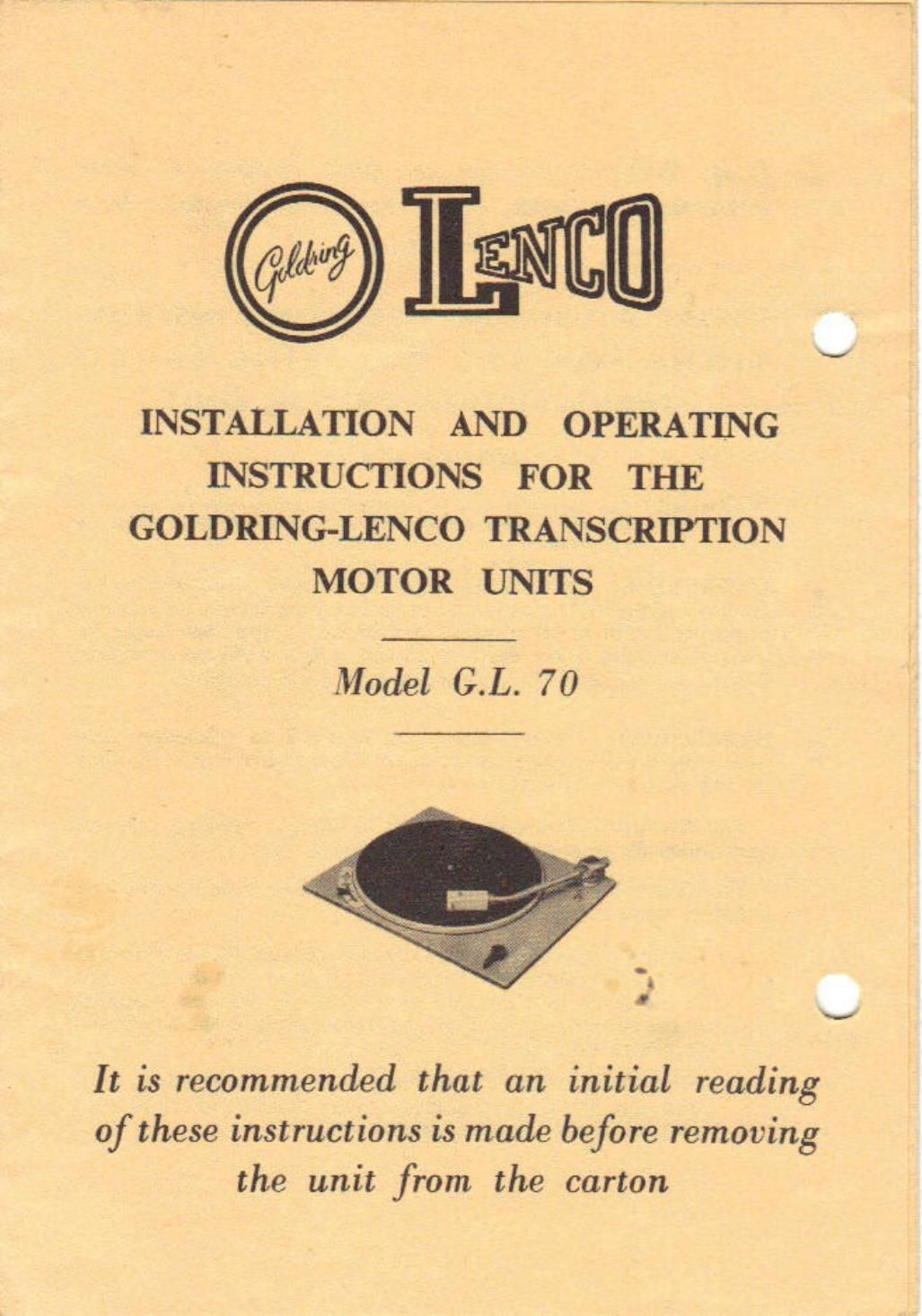 Goldring Lenco GL70 Owners Manual