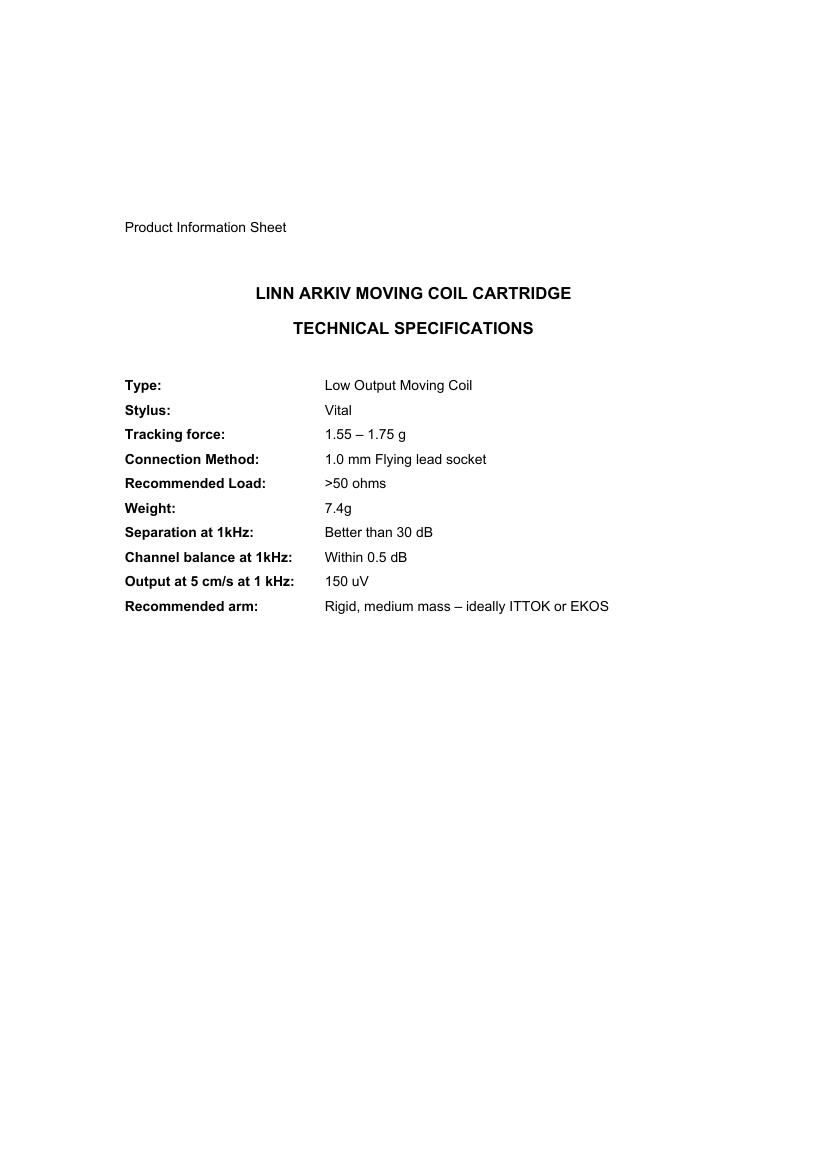 Linn Arkiv Moving Coil Cartridge Specifications