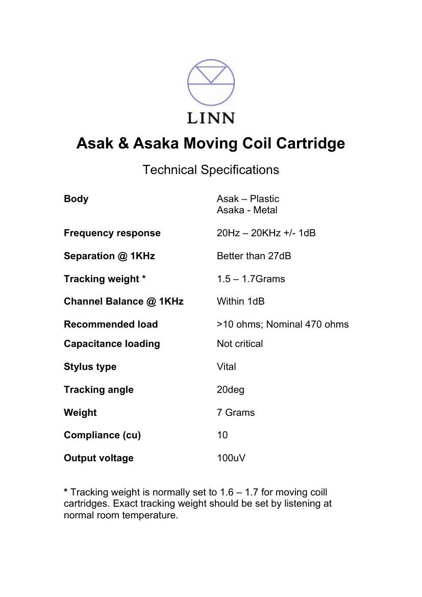 Linn Asak Asaka Moving Coil Cartridge Specifications
