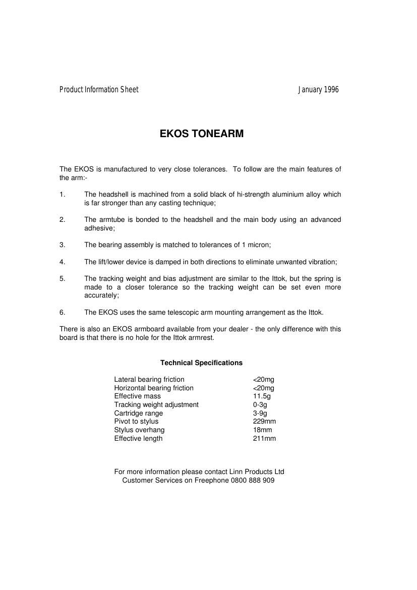 Linn Ekos Specifications