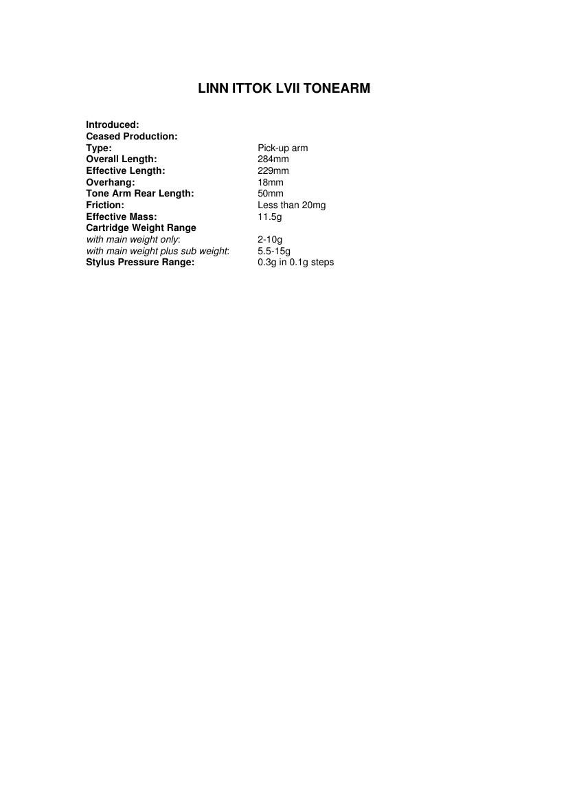 Linn Ittok Specifications