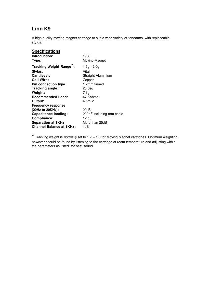 Linn K9 Specifications