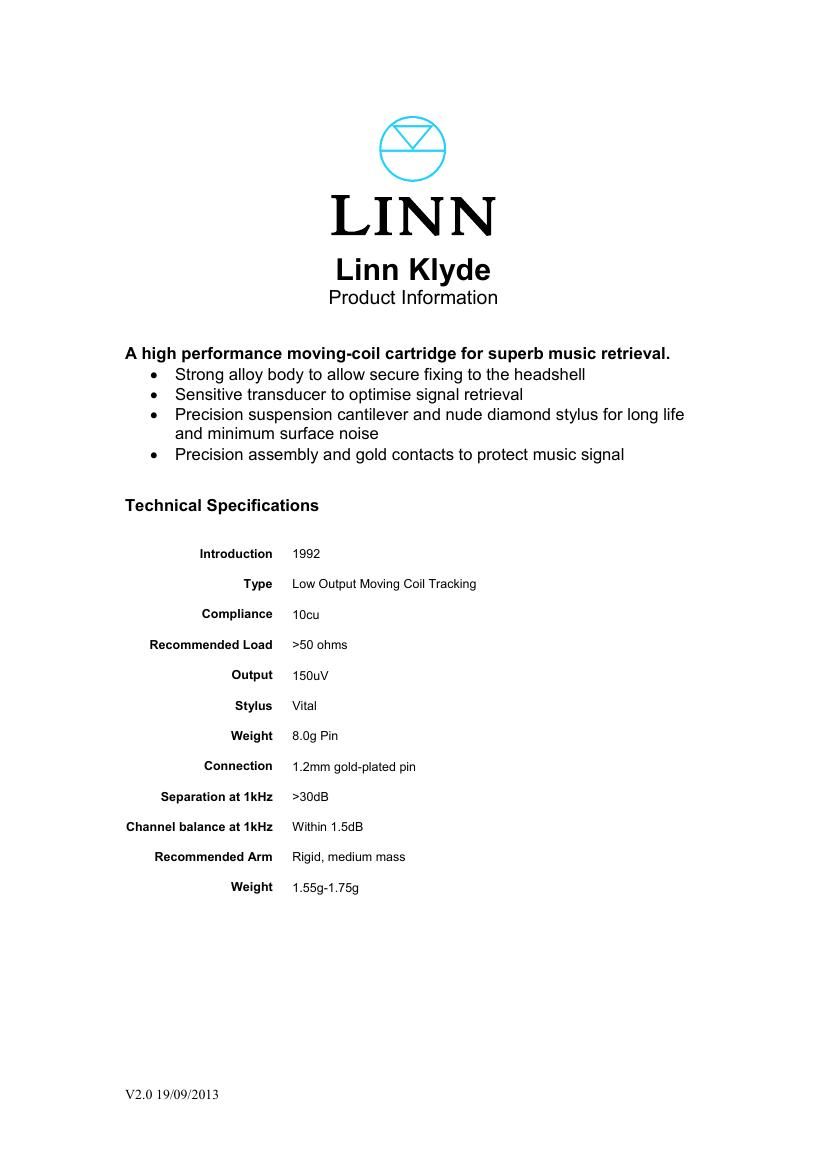 Linn Klyde Specifications