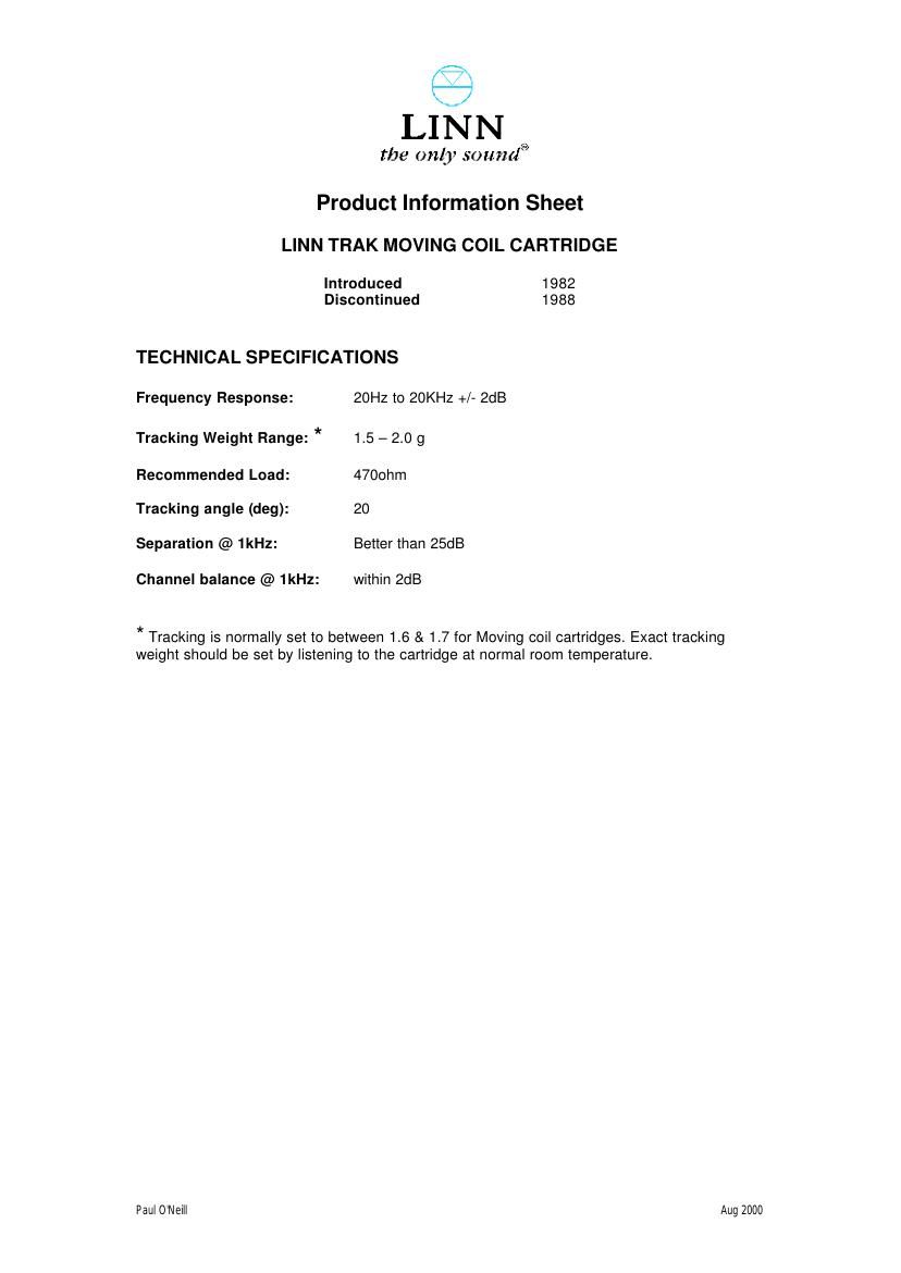 Linn Trak Specifications