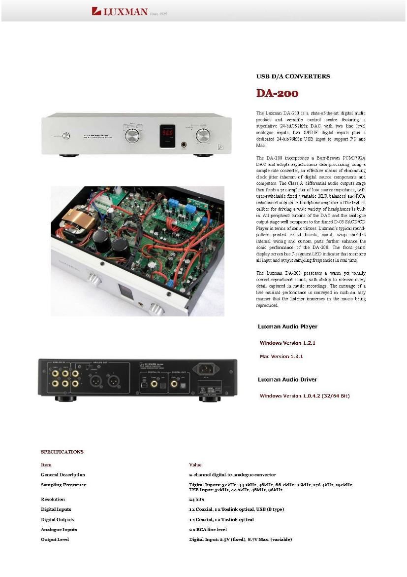 Free Audio Service Manuals - Free download Luxman DA 200 Brochure