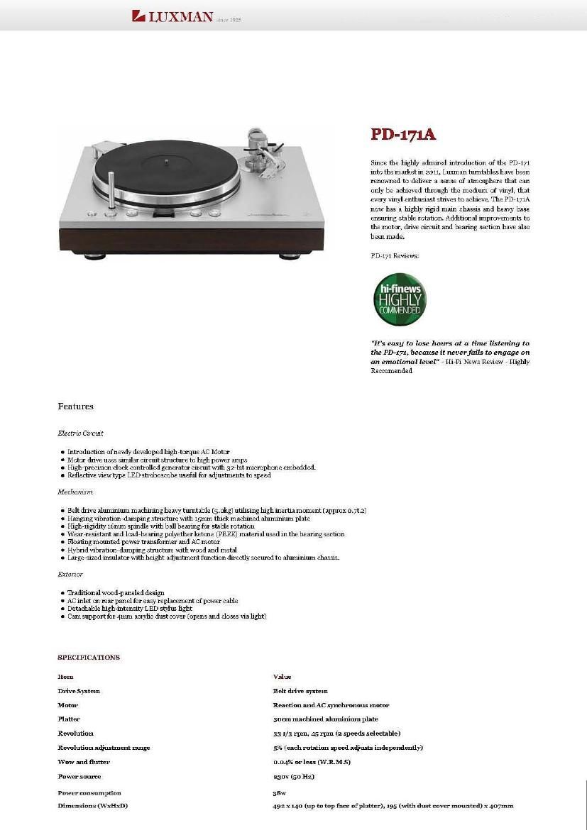 Luxman PD 171A Brochure