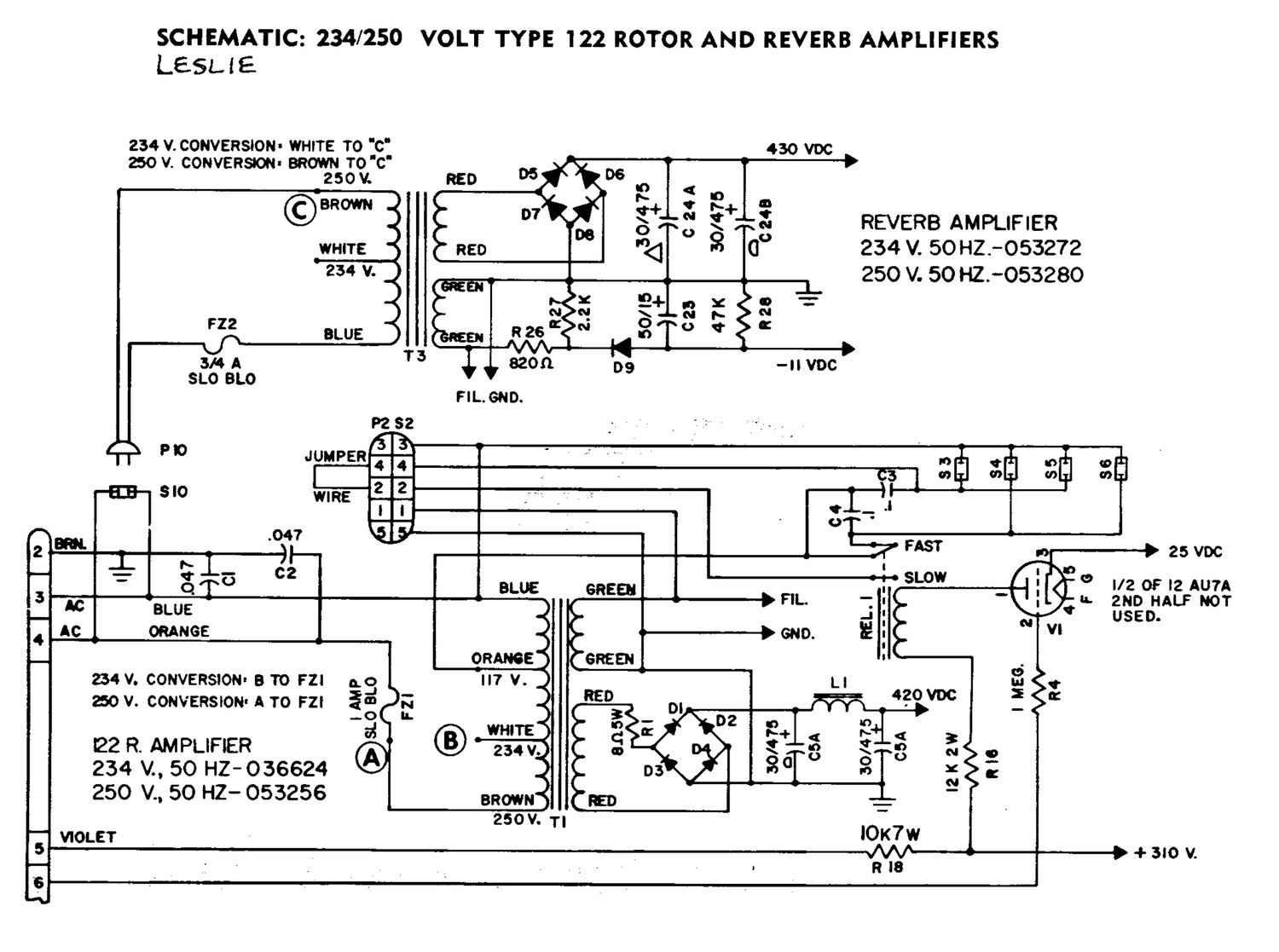 leslie 122 power supply 250v schematic