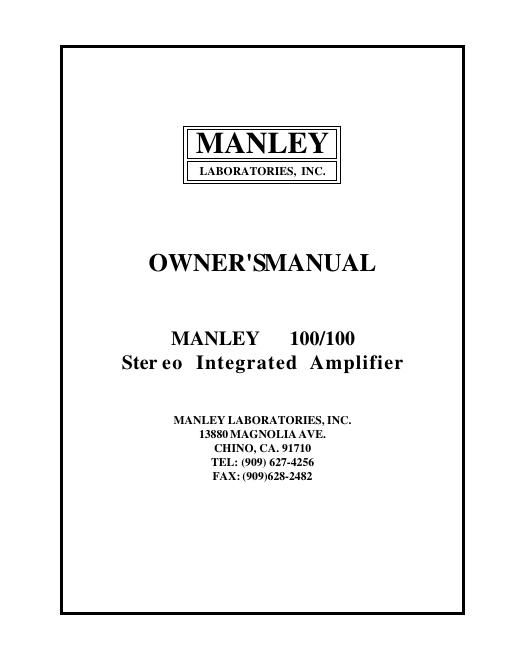 manley laboratories 100.100 owners manual