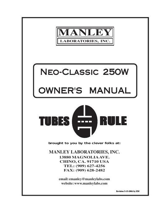 manley laboratories neo classic 250 w owners manual