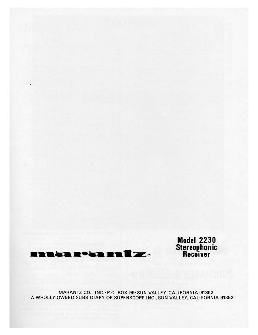 Marantz 2230 Owners Manual Addendum