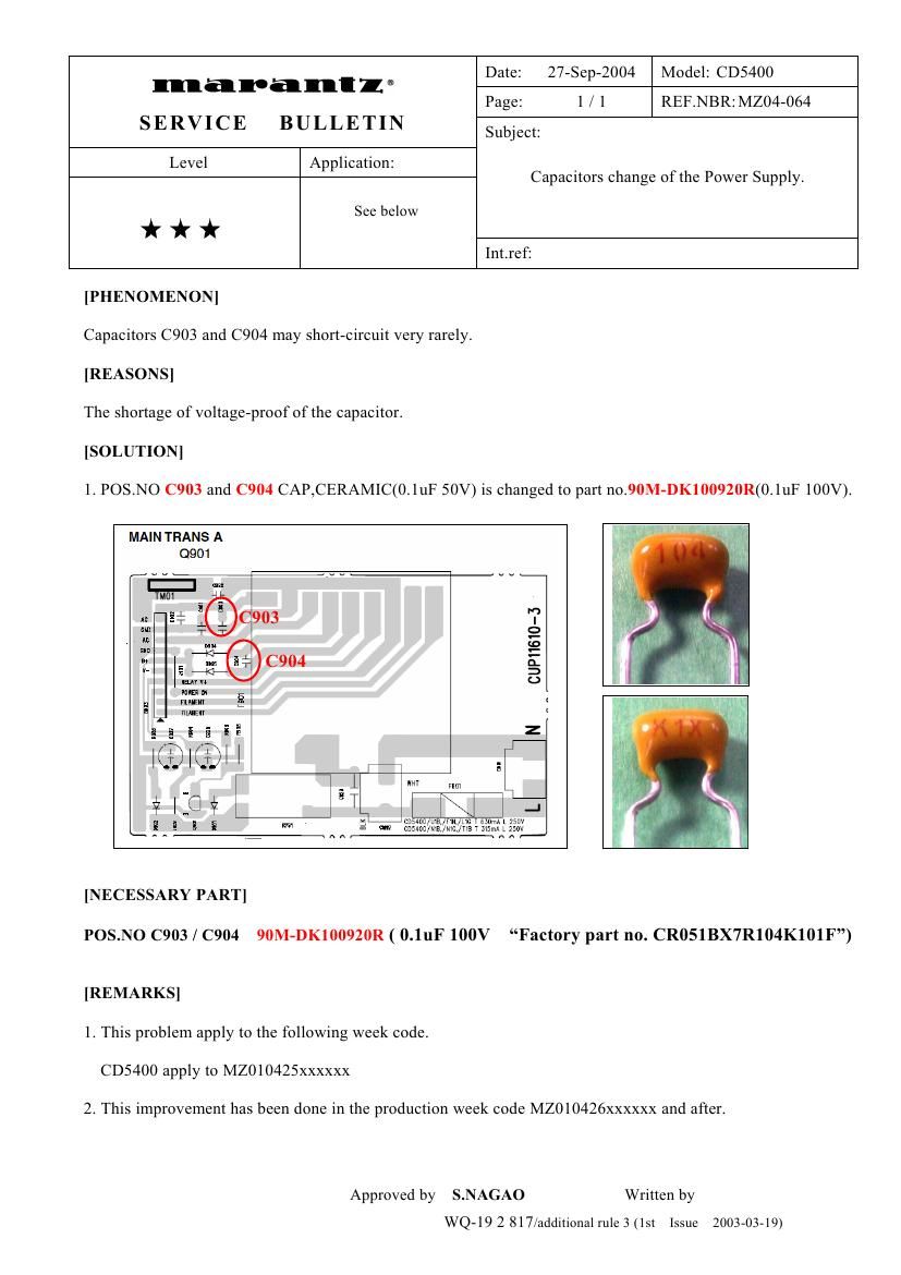 Marantz CD 5400 Service Bulletin