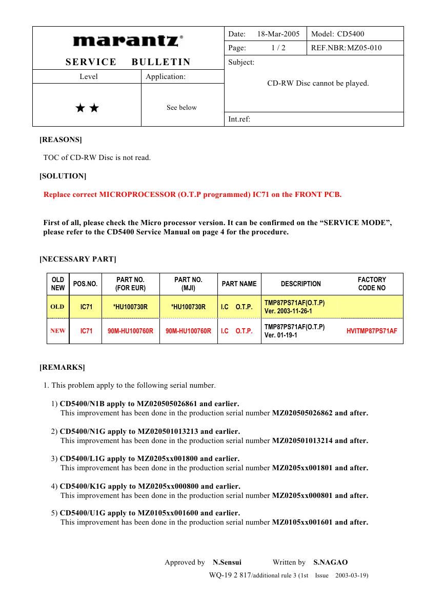 Marantz CD 5400 Service Bulletin 2