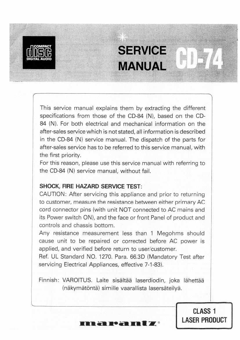 Marantz CD 74 Service Manual
