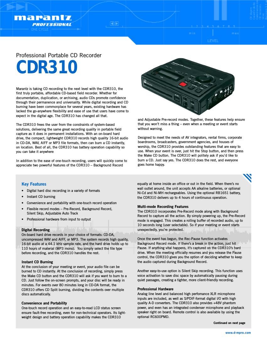 Marantz CDR 310 Brochure