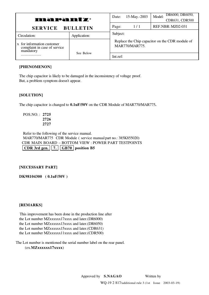 Marantz CDR 500 Service Bulletin