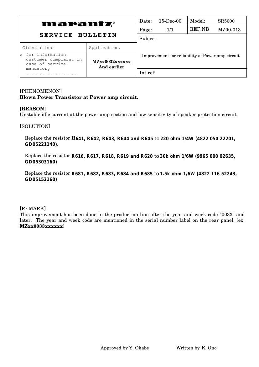 Marantz DR 5000 Service Bulletin