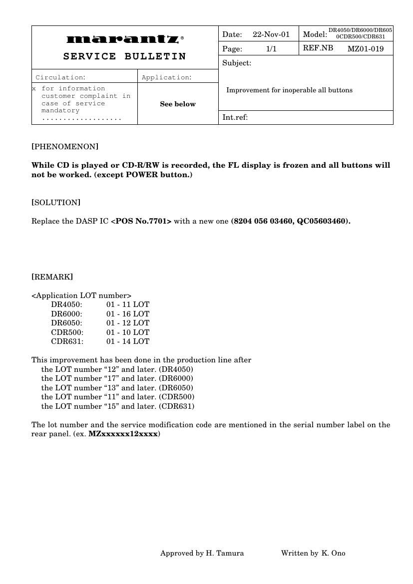 Marantz DR 700 Service Bulletin