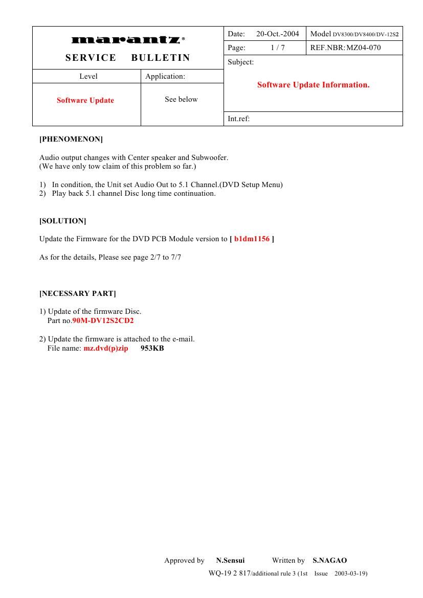 Marantz DV 12 S 2 Software Update Information