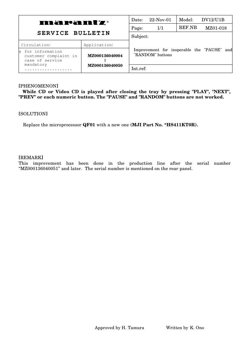 Marantz DV 12 Service Bulletin