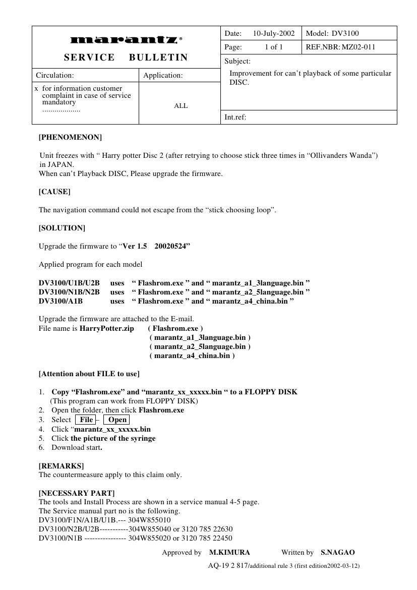 Marantz DV 3100 Service Bulletin