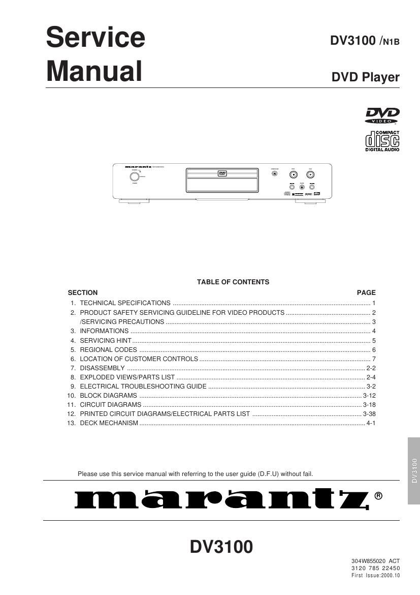 Free Audio Service Manuals - Free download Marantz DV 3100 Service Manual