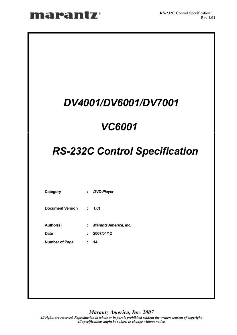 Marantz DV 4001 DV 6001 DV 7001 VC 6001 RS 232C Control Specification