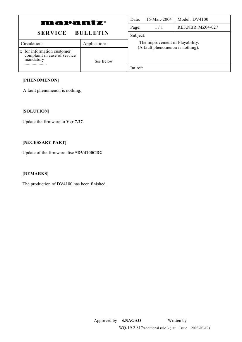 Marantz DV 4100 Service Bulletin