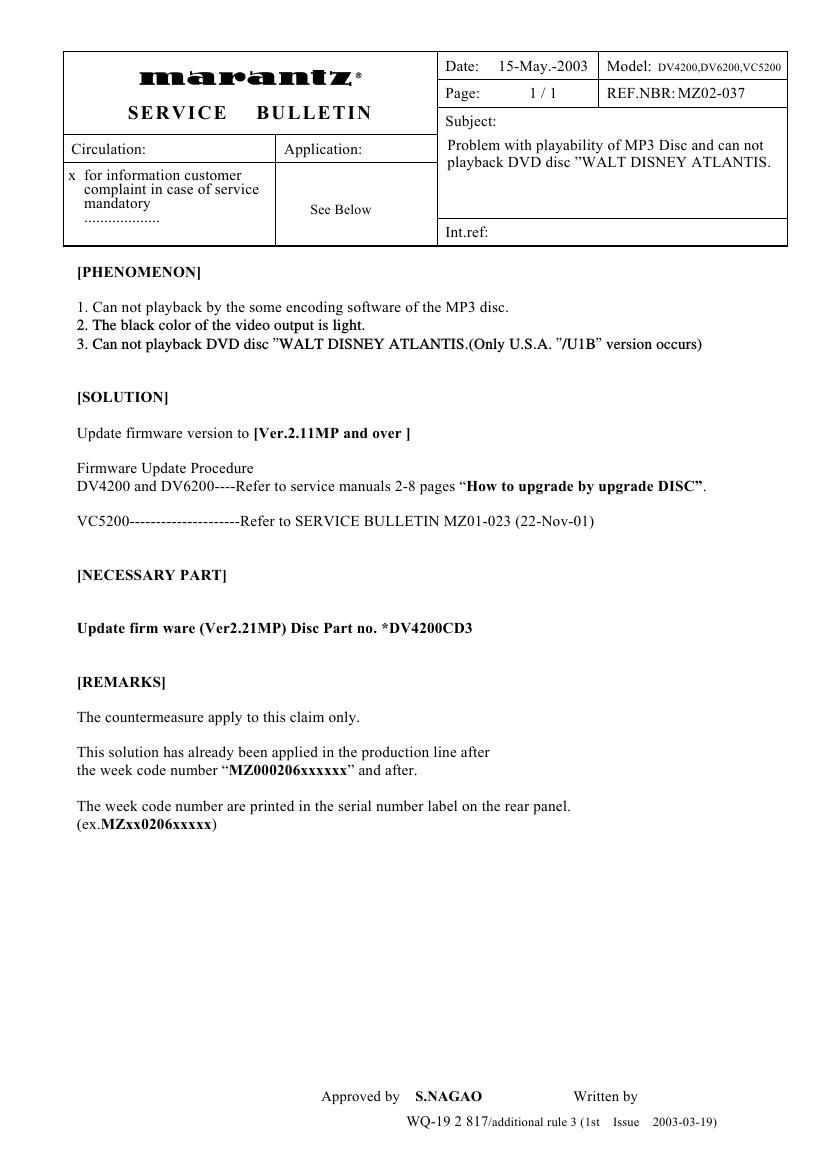 Marantz DV 4200 Service Bulletin