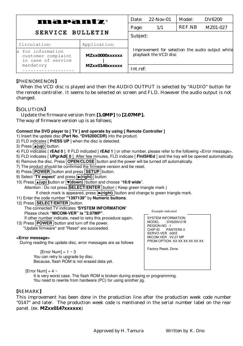 Marantz DV 6200 Service Bulletin