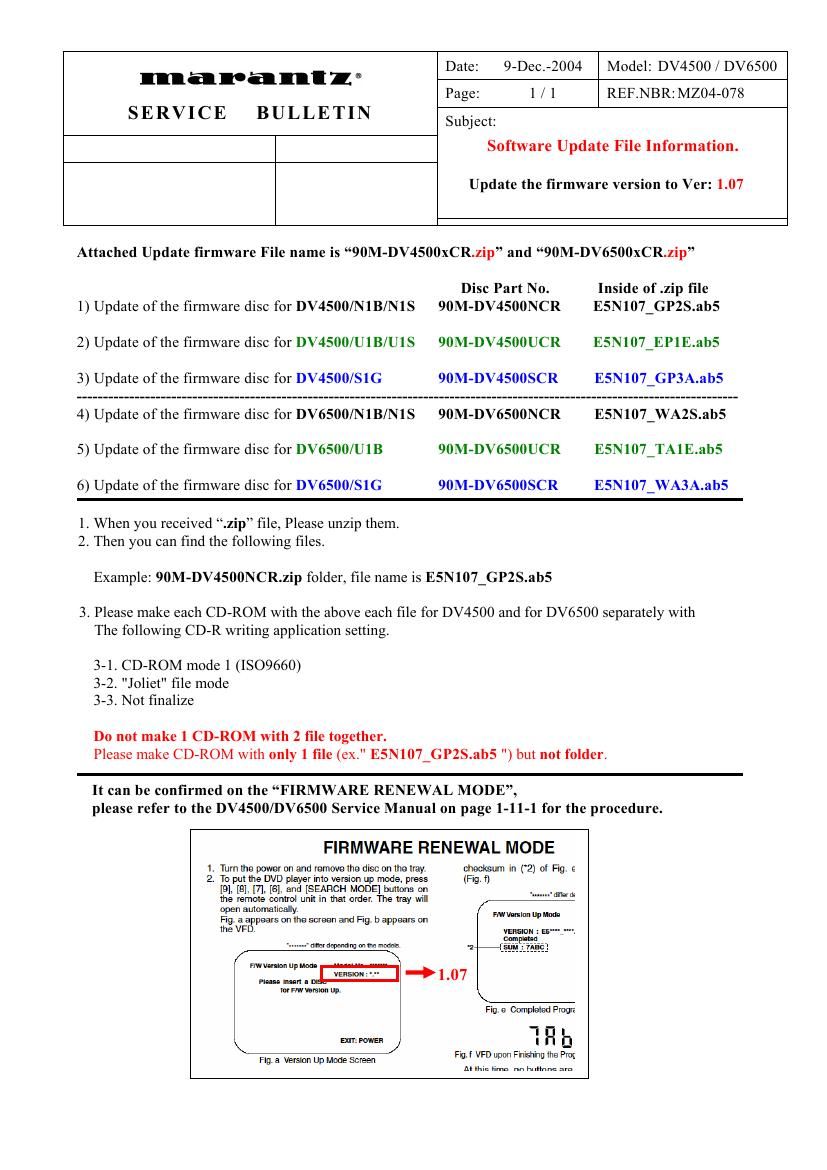 Marantz DV 6500 Service Bulletin