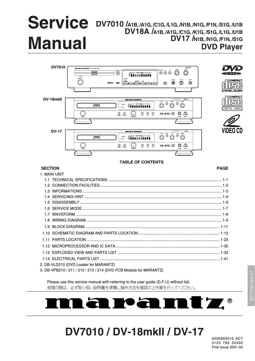 Marantz DV 7010 DV 18A DV 17 Service Manual