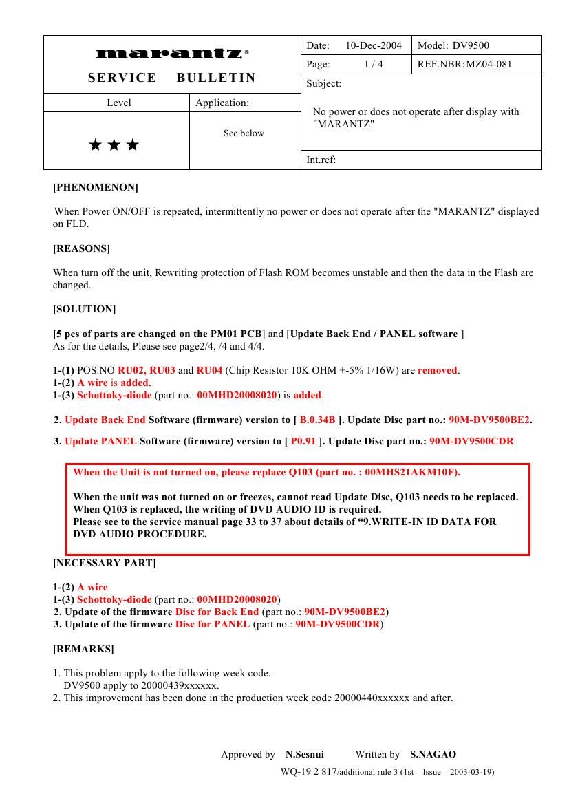 Marantz DV 9500 Service Bulletin