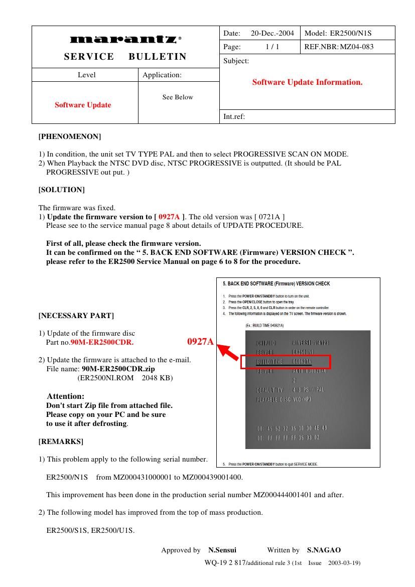 Marantz ER 2500 Service Bulletin