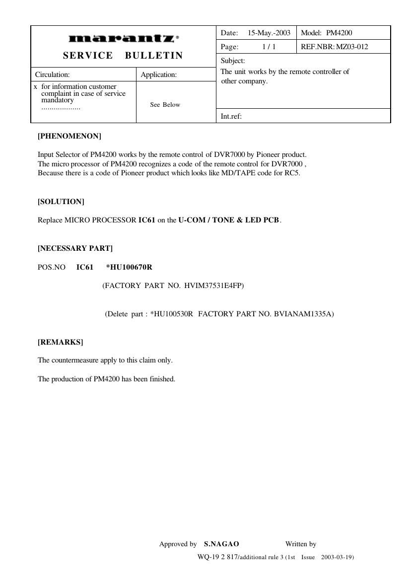 Marantz PM 4200 Service Bulletin