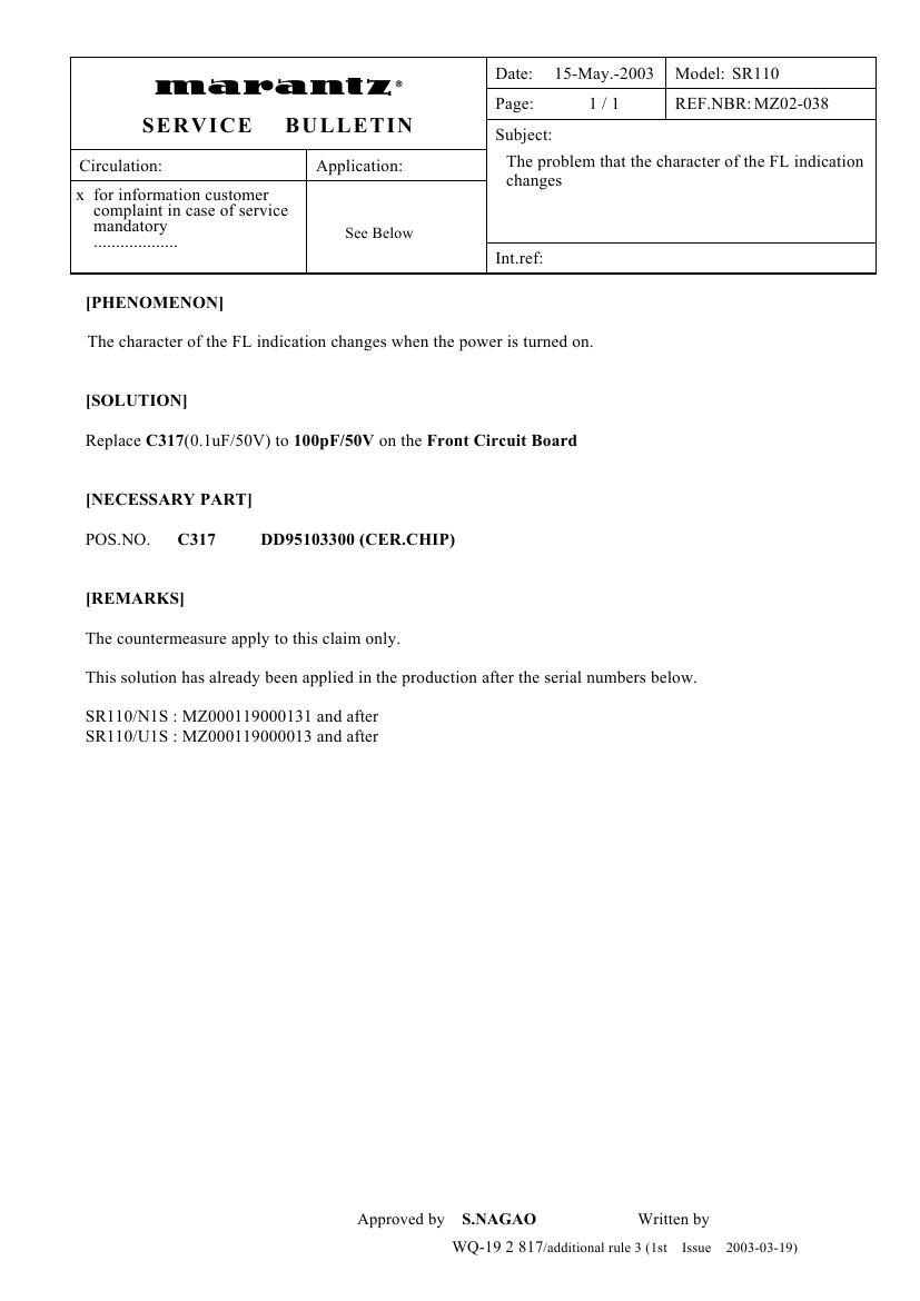 Marantz SR 110 Service Bulletin