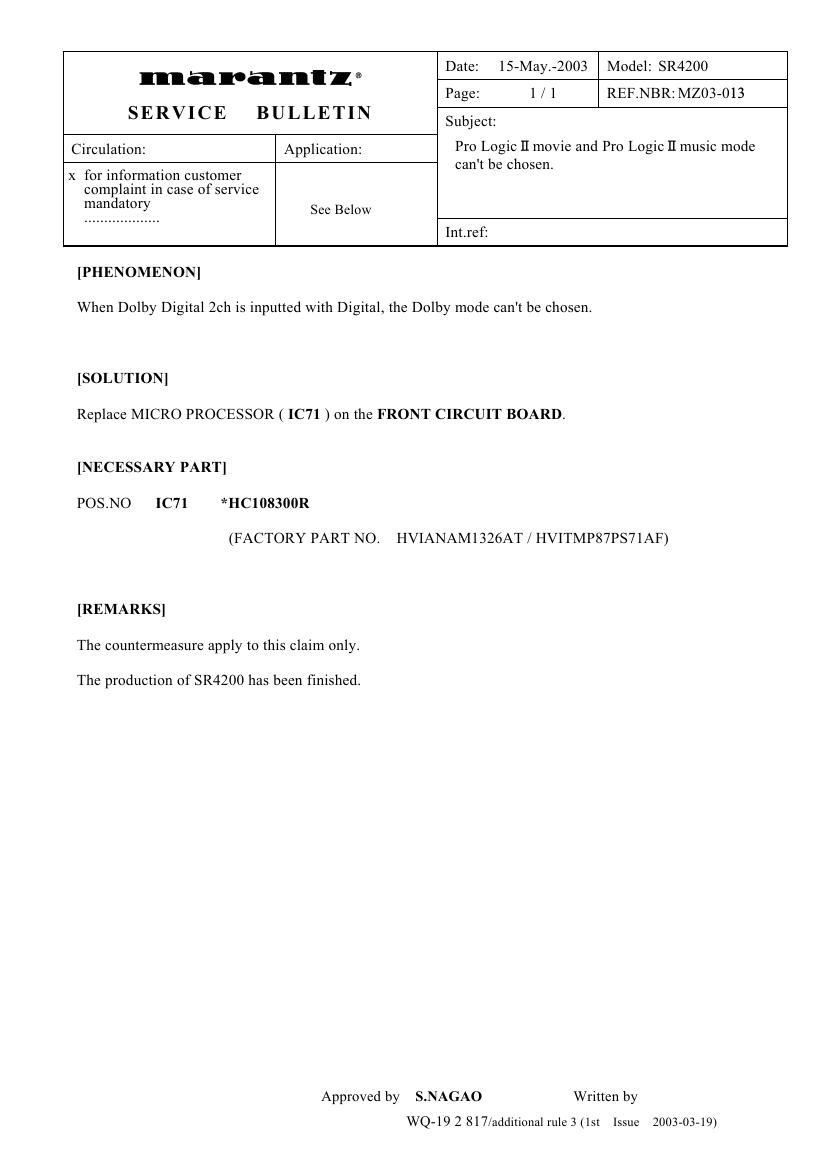 Marantz SR 4200 Service Bulletin