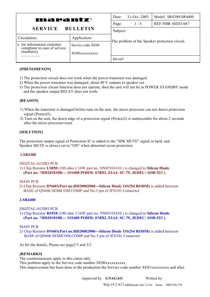 Marantz SR 4300 Service Bulletin