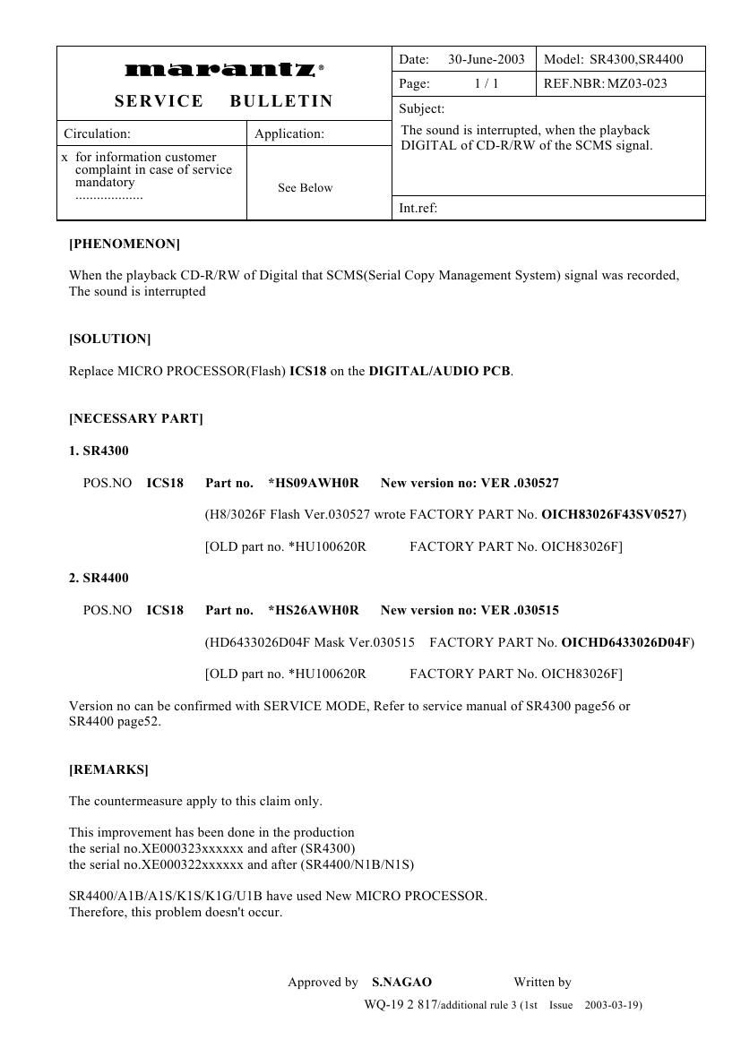 Marantz SR 4400 Service Bulletin