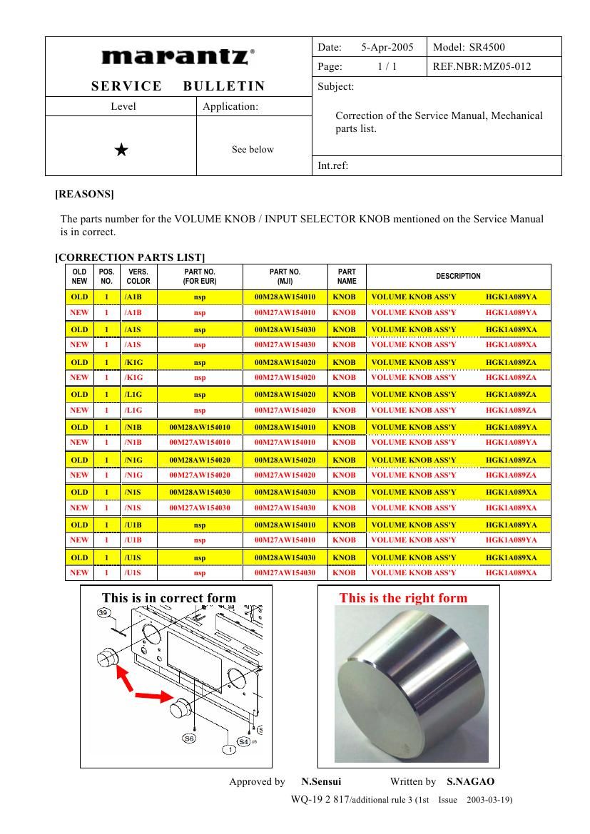 Marantz SR 4500 Service Bulletin