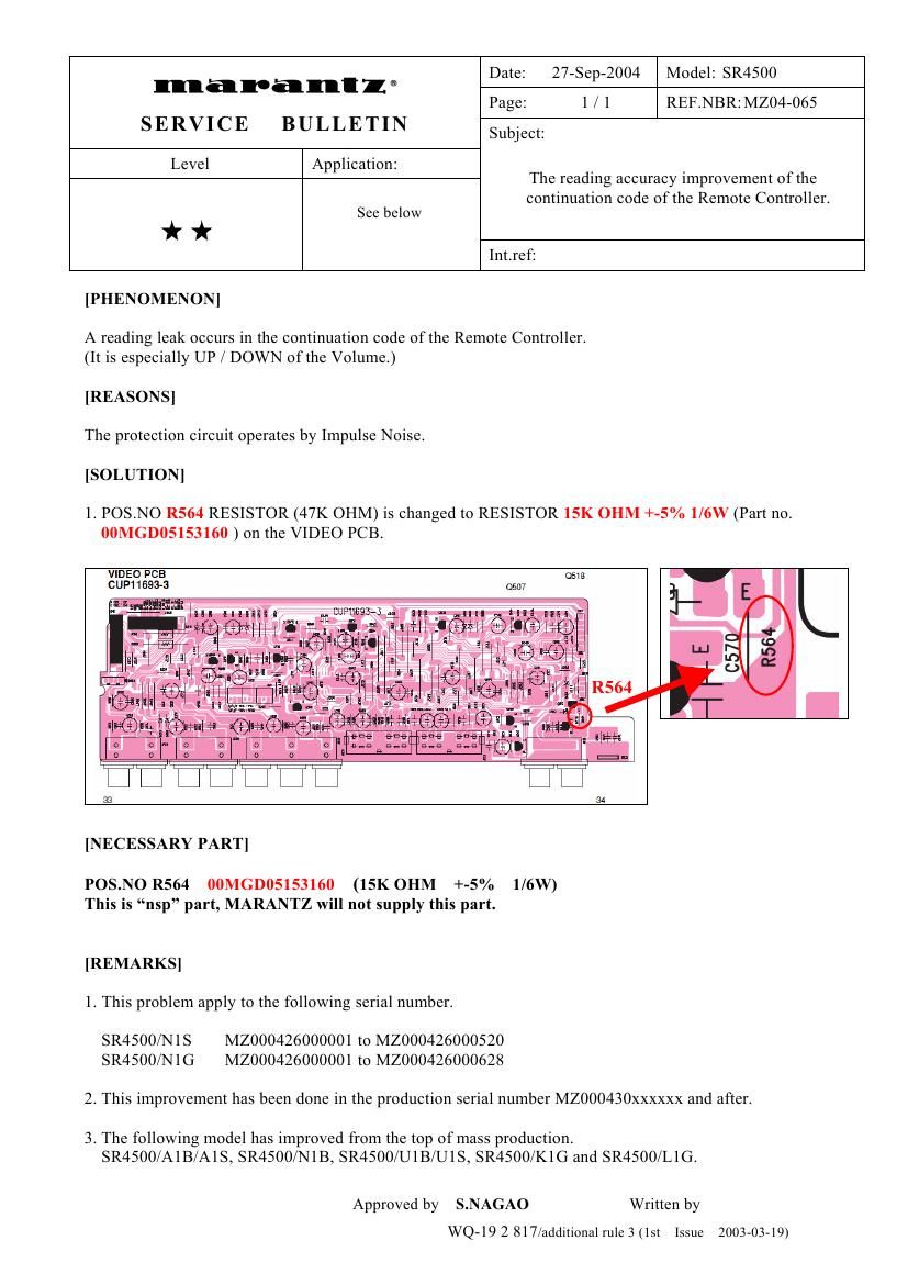 Marantz SR 4500 Service Bulletin 2