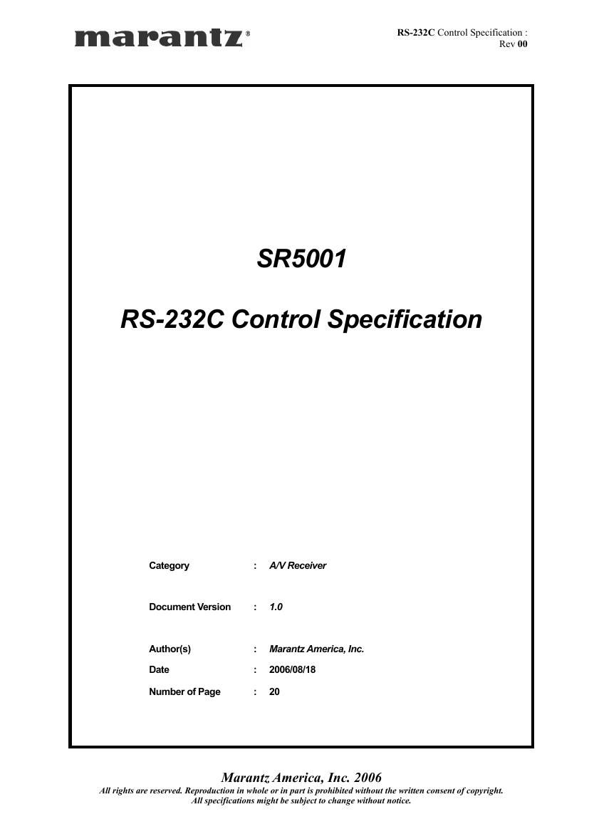 Marantz SR 5001 RS 232C Control Specification