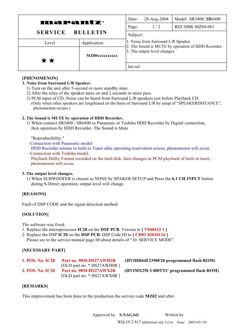 Marantz SR 5400 Service Bulletin 2