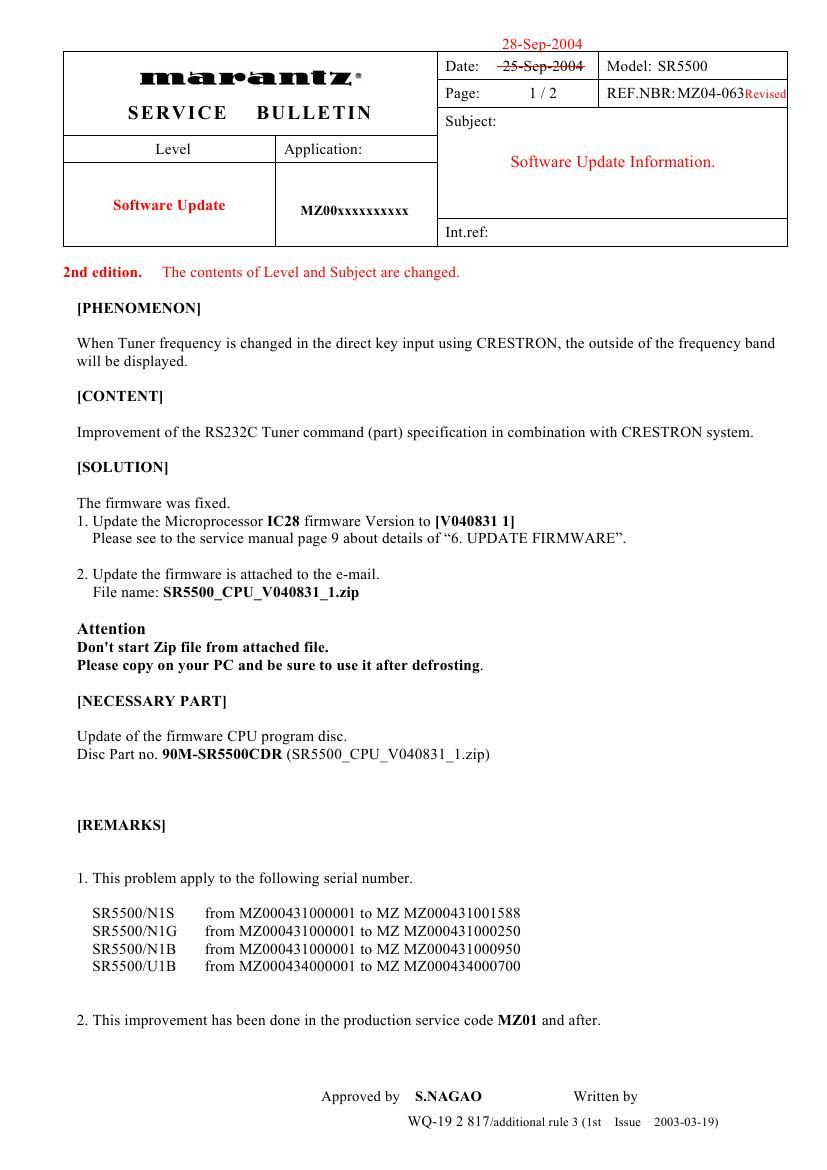 Marantz SR 5500 Service Bulletin