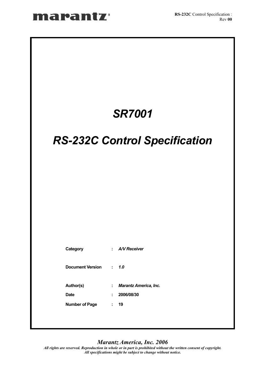 Marantz SR 7001 RS 232C Control Specification