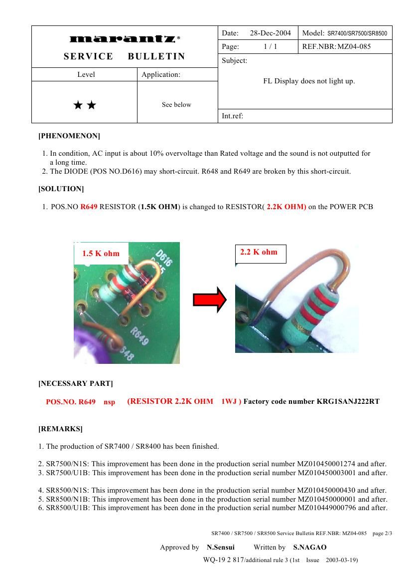 Marantz SR 7400 Service Bulletin 2