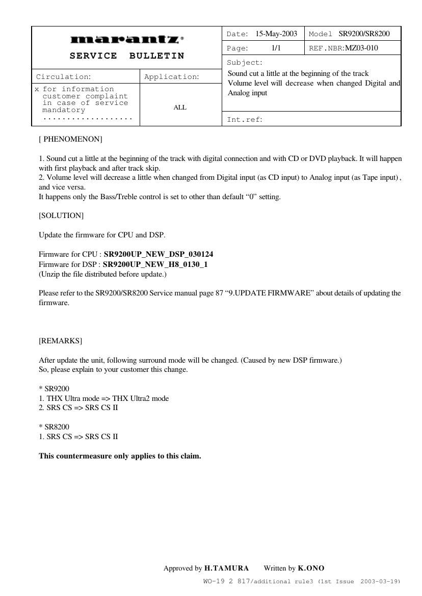 Marantz SR 8200 Service Bulletin