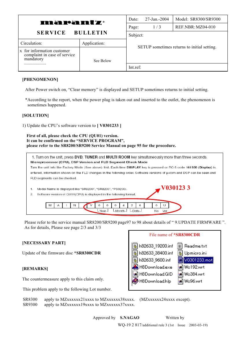 Marantz SR 8300 Service Bulletin