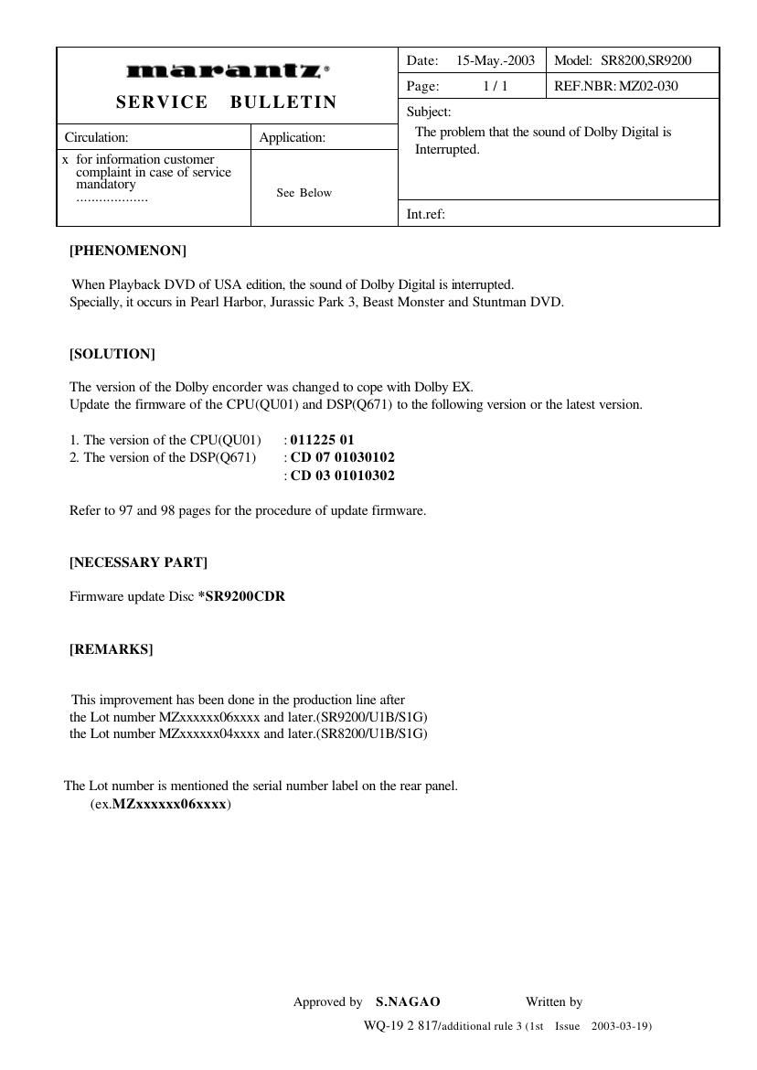 Marantz SR 9200 Service Bulletin 2