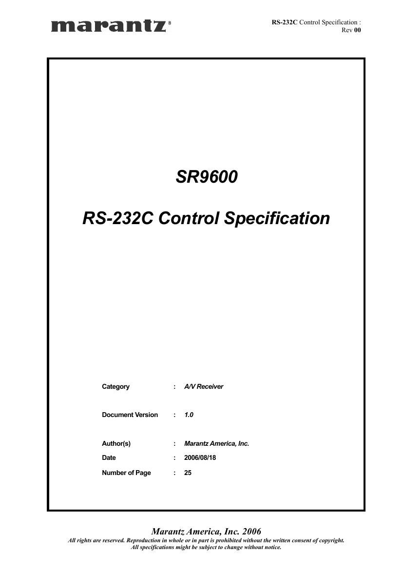 Marantz SR 9600 RS 232C Control Specification