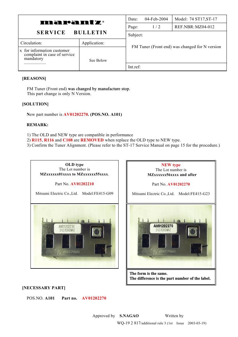 Marantz ST 17 Service Bulletin